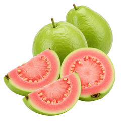 Fresh pink guava fruits whole and sliced isolated on transparent background