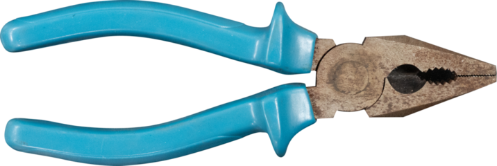 Close-up of blue handled pliers with metallic jaws on a white background.
