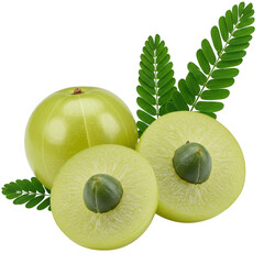 Whole and halved indian gooseberries with green leaves isolated on transparent background