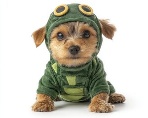 Adorable small dog dressed in a frog costume, sitting against a plain background