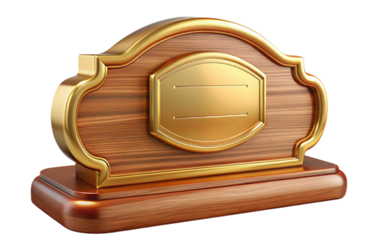 Elegant wooden plaque with golden trim and blank plate isolated on transparent background