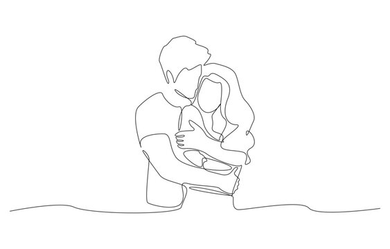Continuous one line drawing of young man hugging his lover from behind, romantic couple concept, single line art