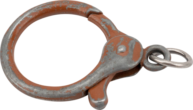 Rusty metal snap hook with weathered texture and a rounded shape.