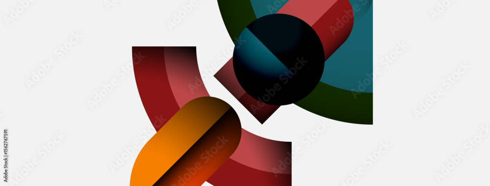 Poster abstract shapes overlap, creating dynamic composition. colors include red, orange, green, dark blue,