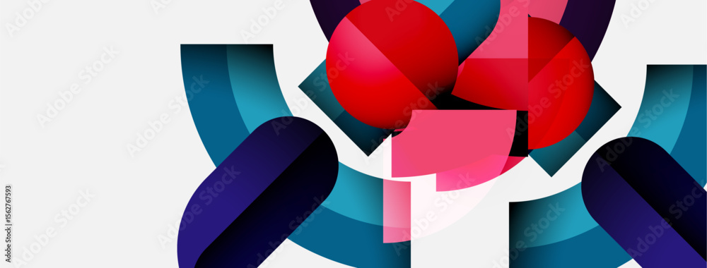 Poster abstract composition featuring vibrant geometric shapes. red sphere dominates center, surrounded by 