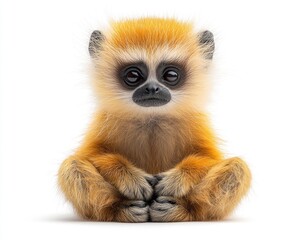 Obraz premium Cute golden monkey sitting calmly with fluffy fur against a plain background