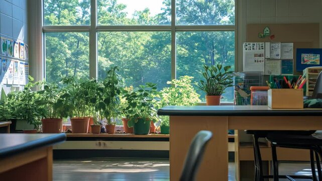 Classroom window with potted plants and natural light ambiance