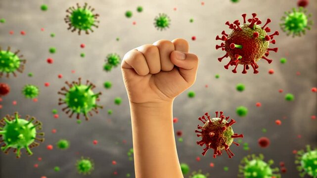 Strong arm fighting viruses is displayed, presenting a message of health, immune system boost, victory against infections, and protection from disease spread.