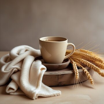 cozy beige coffee cup on wooden tray with cream blanker and dries wheat