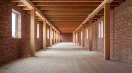 Spacious Interior of a Modern Building with Brick Walls and Wooden Beams