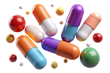 Collection of colorful capsules and small spheres floating on a transparent background isolated on transparent background