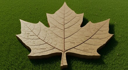 Intricate leaf map design rests on vibrant green grass, showcasing a detailed geographical layout.