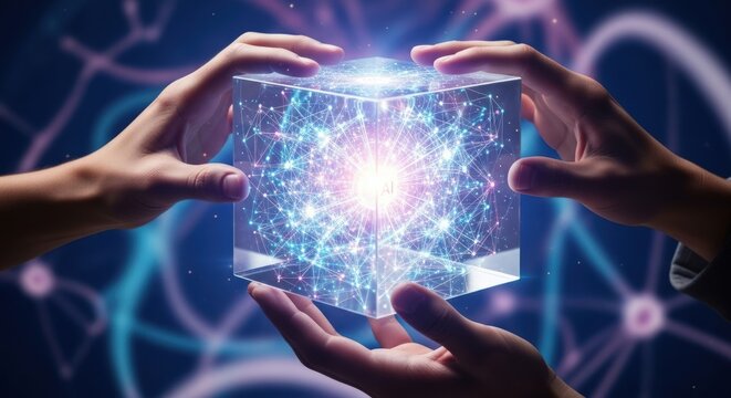 Hands holding a glowing cube with network connections in a futuristic environment design concept