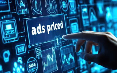 A hand touches a digital interface displaying "ads priced".  Overlayed graphical elements include data visualizations, icons, and buttons