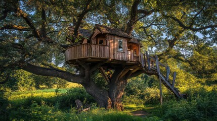 Wooden Treehouse Nestled in Lush Green Canopy