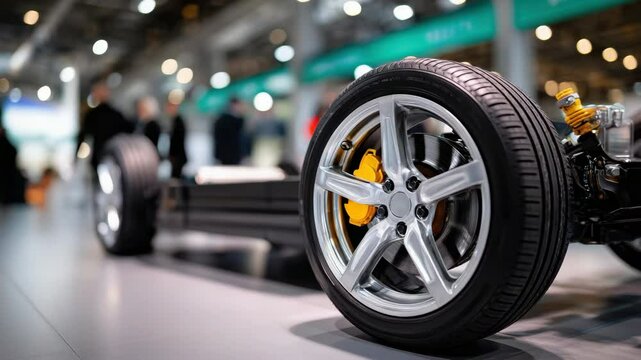 Car chassis with exposed suspension, alloy wheel, and tire displayed automotive exhibition, showcasing modern engineering and technology bright professional environment, featuring car chassis wheel
