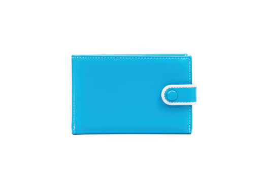 Bright blue leather wallet with white stitching and snap closure isolated on transparent background