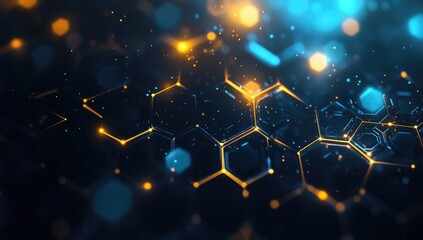 Abstract honeycomb network with glowing particles.  Dark background with vibrant yellow and blue highlights.  Complex interconnected hexagonal shapes.  Digital, technological design