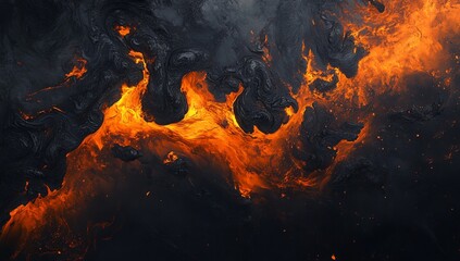 Abstract fiery lava flows across dark surface.