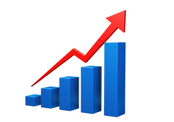 3d blue bar graph with red arrow showing upward trend isolated on transparent background