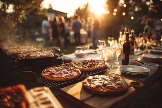 Backyard barbecue with pizza