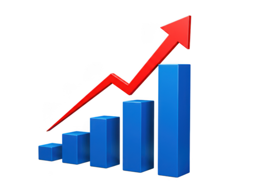 3d blue bar graph with red arrow showing upward trend isolated on transparent background