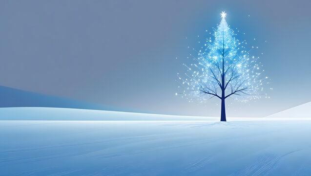 Glowing blue christmas tree in a snowy winter landscape