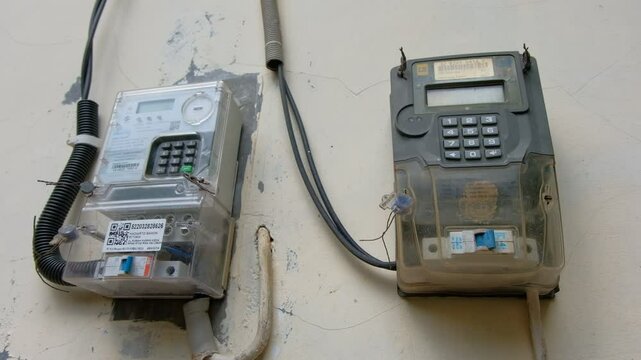 electricity prepaid meters mounted on a wall. The meter on the left appears newer and transparent with a digital display and numeric keypad