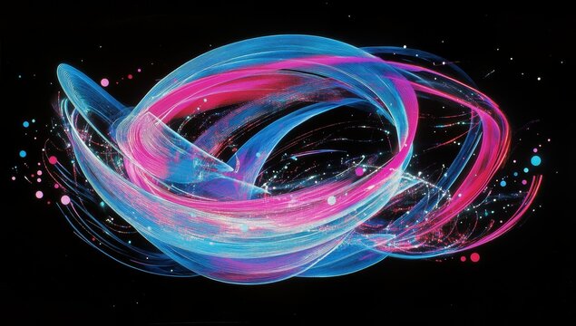 Abstract swirling neon light trails on black background.