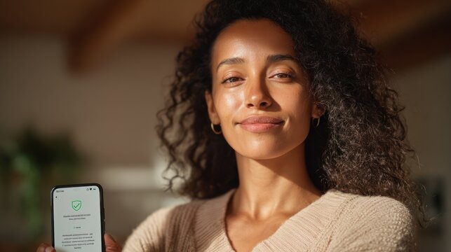 Confident woman showing smartphone with security app in cozy setting