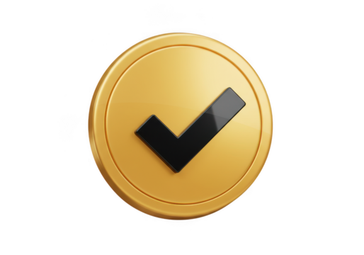 Gold coin with a black checkmark symbol isolated on transparent background