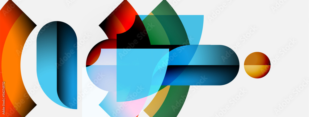 Poster Abstract composition. Overlapping colorful shapes create dynamic visual experience. Modern design, vibrant hues, clean aesthetic.