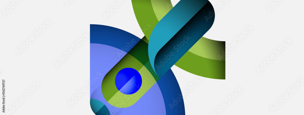 Poster abstract design features flowing ribbons, blue sphere. green, teal hues dominate composition. modern