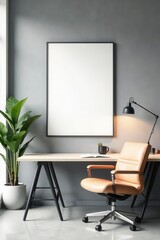 Sleek minimalist office, large blank poster on wall, poster, clean lines