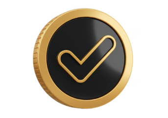 Gold coin with black checkmark symbol isolated on transparent background