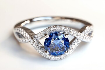 Close-up of a dazzling ring featuring a large,  blue sapphire and a diamond halo.  The band is intricately designed with twisting lines