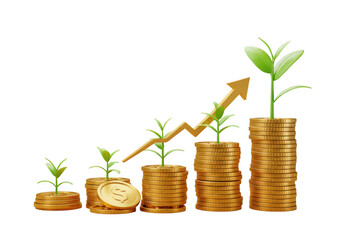 Financial growth concept with stacks of coins and plants isolated on transparent background