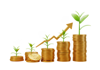 Financial growth concept with stacks of coins and plants isolated on transparent background