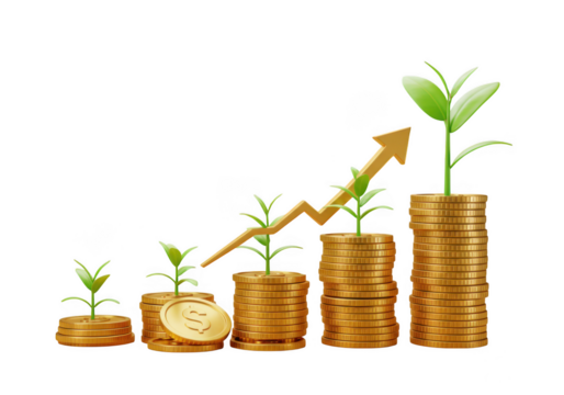 Financial growth concept with stacks of coins and plants isolated on transparent background