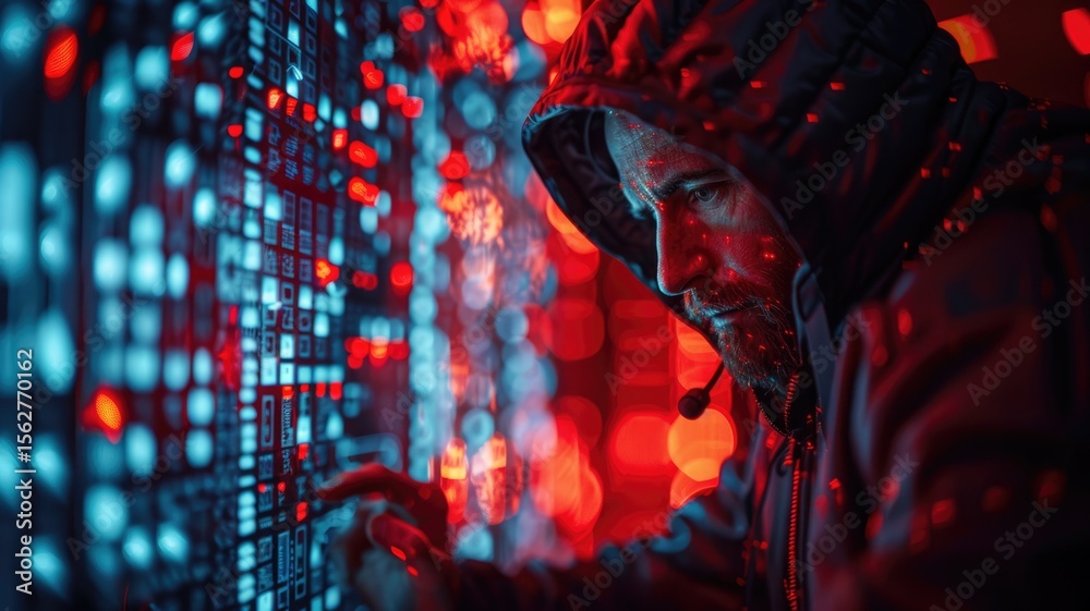 Fototapete picture of human commit crime in digital system to destroy and hack computer protection user in colo