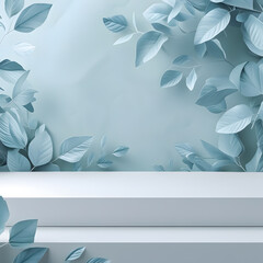 Elegant two tiered platform with pastel blue leaves background for product display