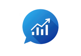Blue speech bubble with upward trend bar chart and arrow isolated on transparent background
