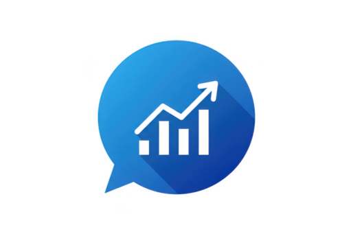 Blue speech bubble with upward trend bar chart and arrow isolated on transparent background