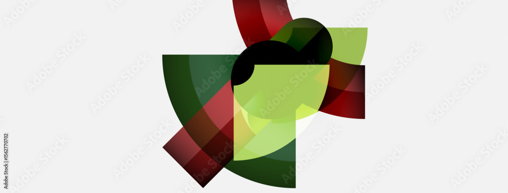 Poster abstract geometric shapes overlap. colors include green, red, yellow. design appears modern, dynamic