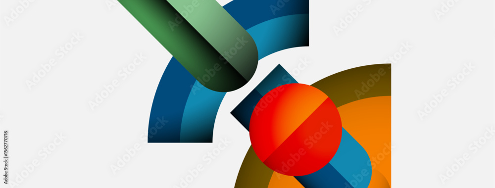 Poster Abstract geometric shapes overlap, creating vibrant color combinations. Composition features curves, circles, lines, plus negative space.