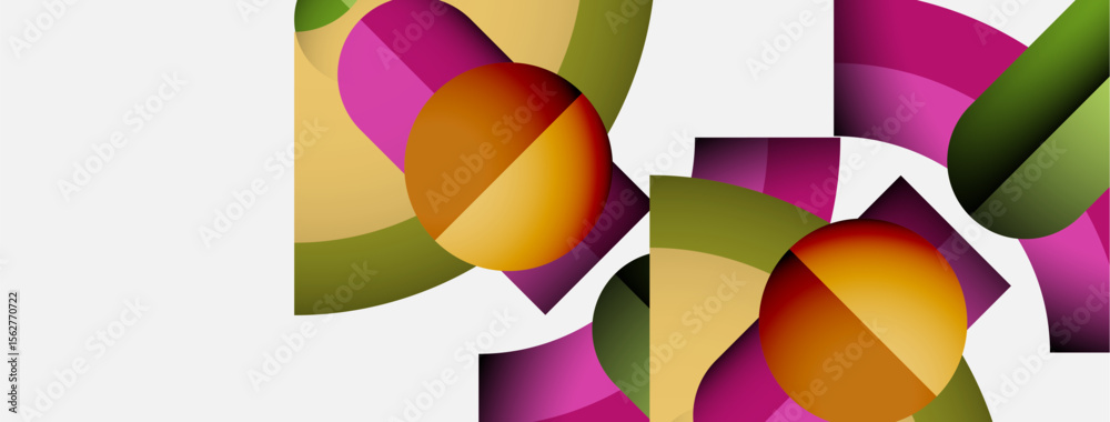 Poster abstract composition featuring overlapping circles, rectangles. colors include pink, orange, green, 