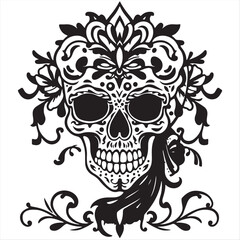Fototapeta premium Complex ornamental Dia de Muertos vector silhouette in a traditional tattoo art print style. The classic black and white design is presented on a white background