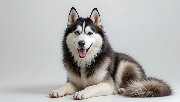 Smiling Siberian Husky with striking black and white fur, relaxed pose.