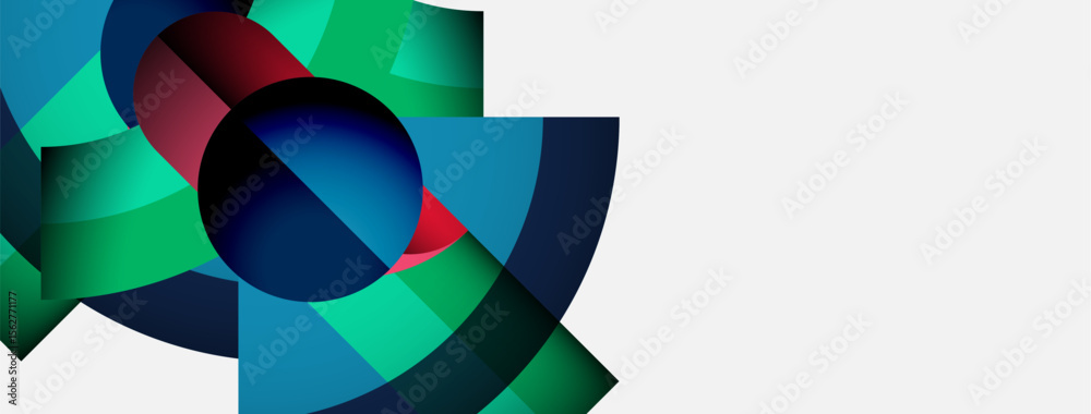 Poster Abstract geometric shapes overlap, creating vibrant color gradients. Design features circular elements, dynamic composition, modern aesthetic.