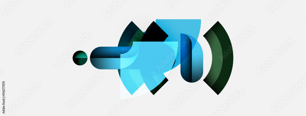 Poster Abstract shapes overlap, creating dynamic composition. Blues, greens dominate neutral background. Modern design elements present.